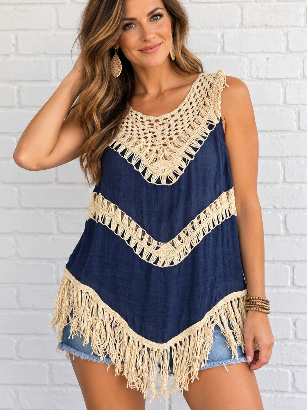 Umgee USA Boho Crochet Fringe Tunic Top Navy Cream Small
